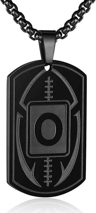 Initial A-Z Dog Tag Necklace for Men - Football Charm Pendant, Stainless Steel Chain 22+2 Inches, Personalized Sports Athletes Jewelry Gift