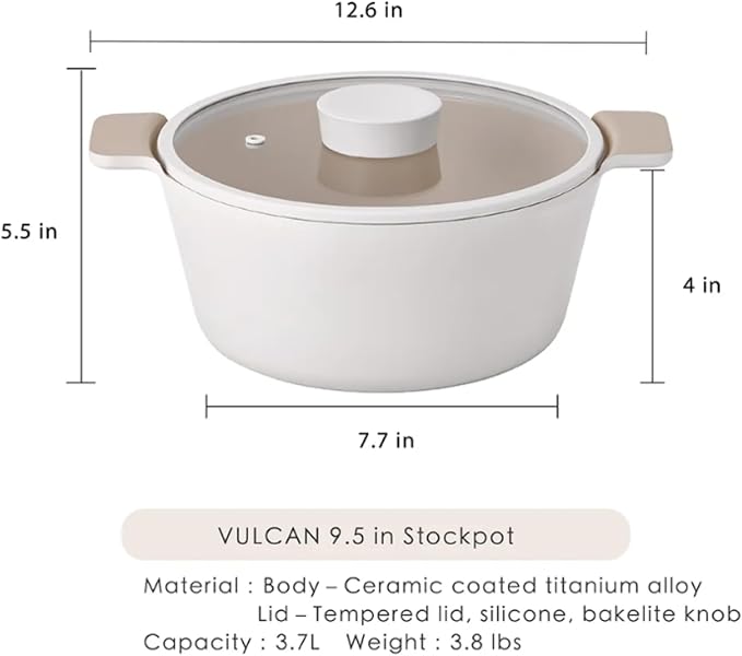 NEOFLAM Vulcan Ivory Double Handle Stockpot with Glass Lid, 4Qt (9.5") Cast Aluminum, Lightweight Ceramic Nonstick Pot, PFAS PFOA Free, Dishwasher Safe, Induction Ready, Made in Korea