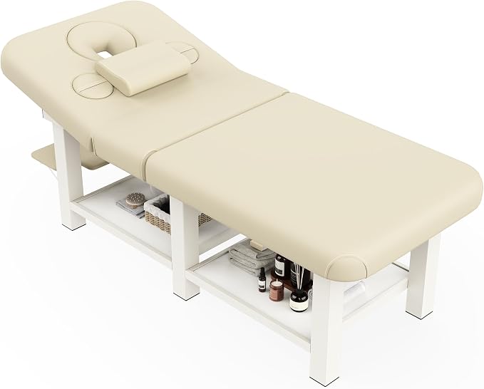 Extra Large 34''×80'' Folding Stationary Massage Table with Adjustable Backrest, Heavy-Duty Metal Frame PU Leather Treatment Bed for Spa, Physical Therapy, Tattoo, Facial & Medical Exam - Beige Gray