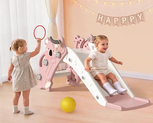 Babytronic Toddler Slide Indoor & Outdoor Playground, 4-in-1 Baby Slide with Climber, Basketball Hoop & Ring Toss, Foldable Freestanding Kids Slide, Climber Playset for Toddlers Ages 1-3, Pink