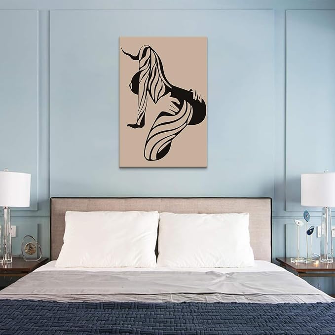Yeesjoee Minimalist Sexy Female Canvas Painting Wall Decor, Abstract Line Art Silhouette Nude Woman Body Curve Contour Posters, Black & Beige Printing for Bedroom Living Room Home, 24x36 in Framed