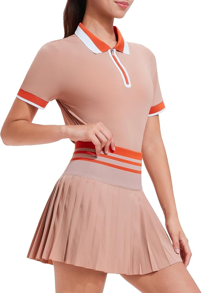 Tennis Skirt Sets for Women Zipper Color Block High Waisted Golf Polo Two Piece Skirt Set Women 2 Piece Outfits