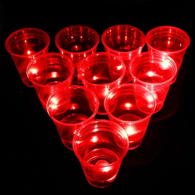 Ahuimeius The Dark Beer Pong Set, LED Beer Pong Cups with Glow-in-the-Dark Balls, 22 Cups, 22 LED Lights (11 Red, 11 Blue), 6 Balls, Glow Party Game Set