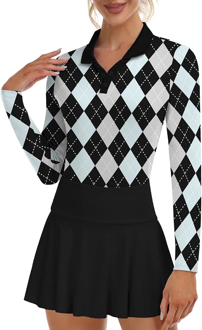 Soneven Womens Golf Shirts Moisture Wicking V Neck Long Sleeve Polo Shirts Collared Tops
