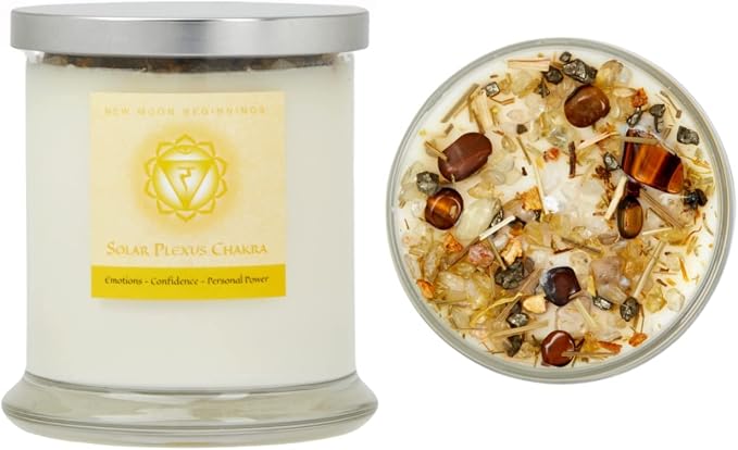Solar Plexus Chakra Candle by New Moon Beginnings - Chakra Candles - Dried Flower, Herb, & Crystal Candles - Aromatherapy Candles - Soy Candle - 12oz Glass Jar
