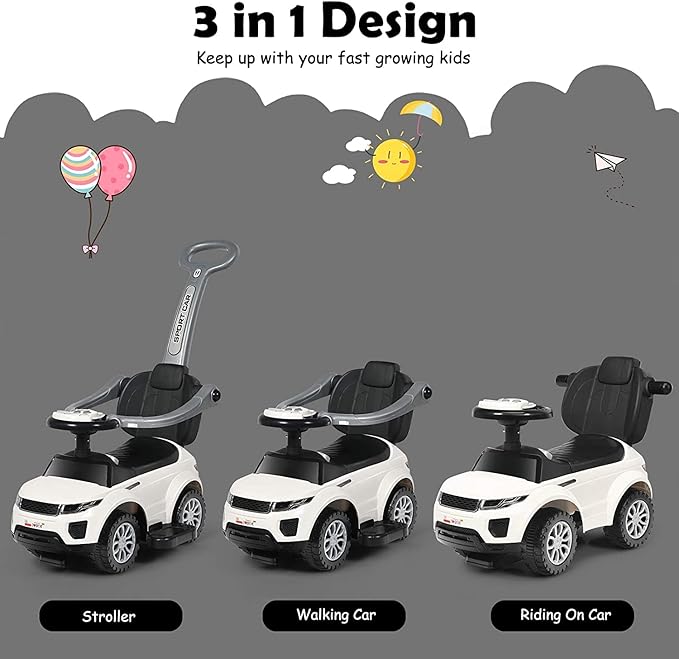 GLACER Push Cars for Toddlers 1-3, 3-in-1 Kids Sliding Car with Detachable Guardrail, Horn, Music, Lights, Storage Box and Anti-Roll Design, Ride on Push Car for Boys Girls(White)