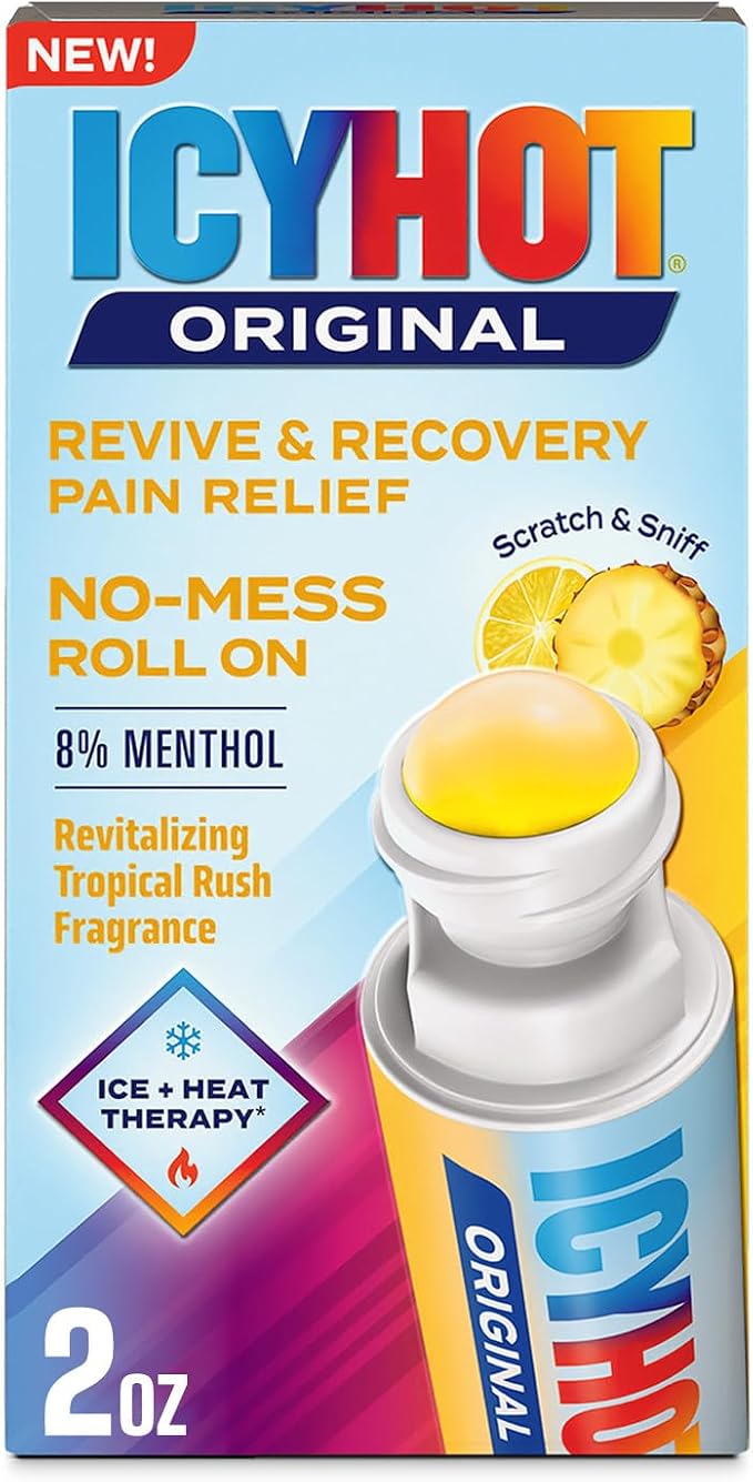 Icy Hot Original Pain Relief Revive & Recovery No-Mess Roll-On Applicator, Fast-Acting Pain Relief With 8% Menthol for Backaches, Joints, Muscle Strains and Arthritis, Revitalizing Tropical Rush, 2 oz
