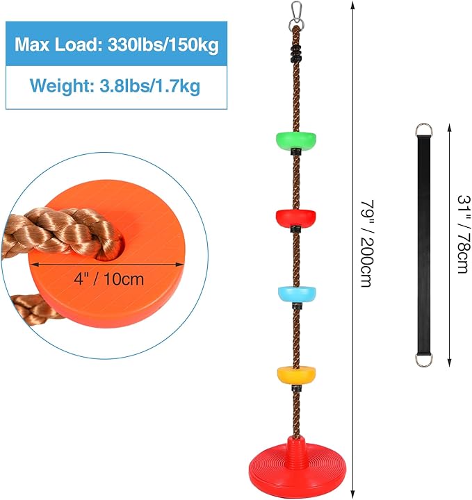 REDCAMP 2 Pack Climbing Rope Swings for Trees, Heavy Duty Plastic Disc Swing Seat for Kids with Hanging Strap and Snap Hooks, Red