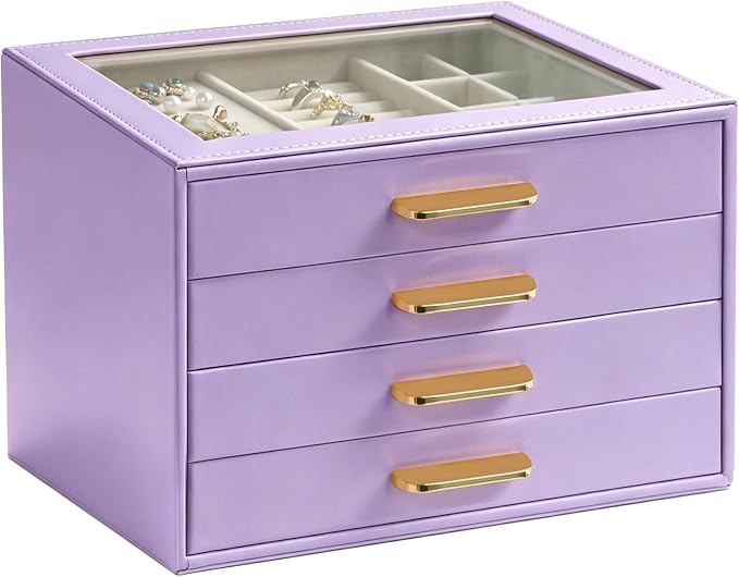 Homeanda Jewelry Boxes Organizer with Glass Lid, 4-Layer PU Leather, Purple | Modern style display case with 4 drawers for daily jewelry, women, mom or girl gift