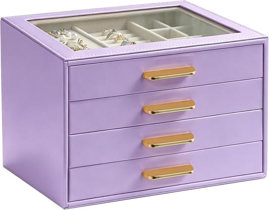 Homeanda Jewelry Boxes Organizer with Glass Lid, 4-Layer PU Leather, Purple | Modern style display case with 4 drawers for daily jewelry, women, mom or girl gift