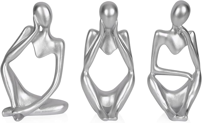 Sandstone Resin Thinker Statue Style Abstract Sculpture, Silver, 3pcs | Small Statue Collectible Figurines, Modern Aesthetic Ornament for Home Office Bookshelf Desktop Coffee Table Decor