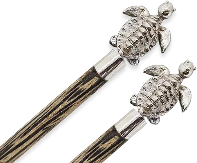 Wooden Chopsticks 9⅞" Coconut Palm Wood Chopstick With Metal Sea Turtle Top Eating Utensils Oriental Cutlery Asian Tableware Decorative Dinnerware to Serve Chinese Japanese Korean Food