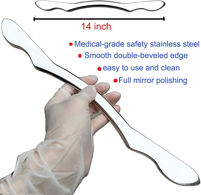 Muscle Scraper Stainless Steel Gua sha Scraping Massage Tool IASTM Tools Great Soft Tissue Mobilization Tool 14 inch Long bar(Double Edge)