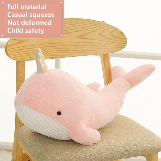 Tezituor 24 Inch Narwhal Stuffed Animal, Cute Pink Large Stuffed Whale Toy, Hugging Soft Narwhal Pillow Gift for Girls Kids