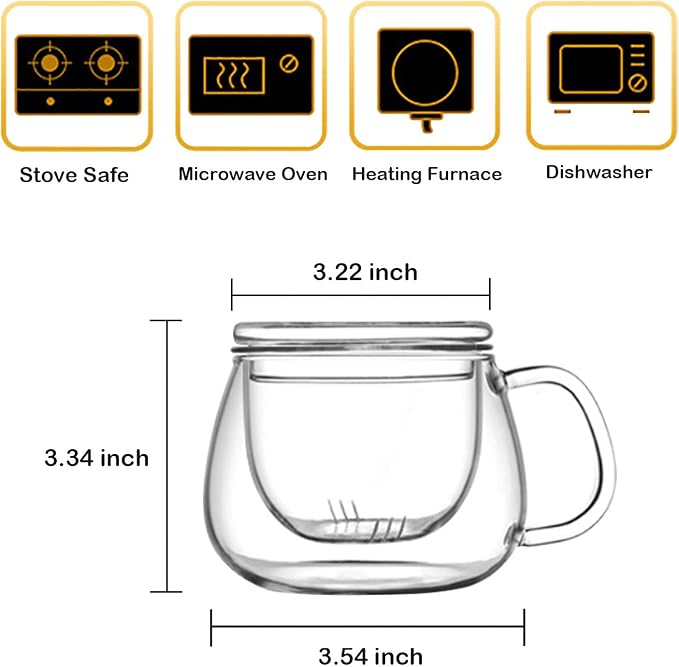Lezero 13oz Tea Infuser Cups Kits, Glass Mugs with Filter Basket and Lid for Loose leaf-Tea Brewing, Heat Resistant, Lead-free, Microwave & Dishwasher Safe