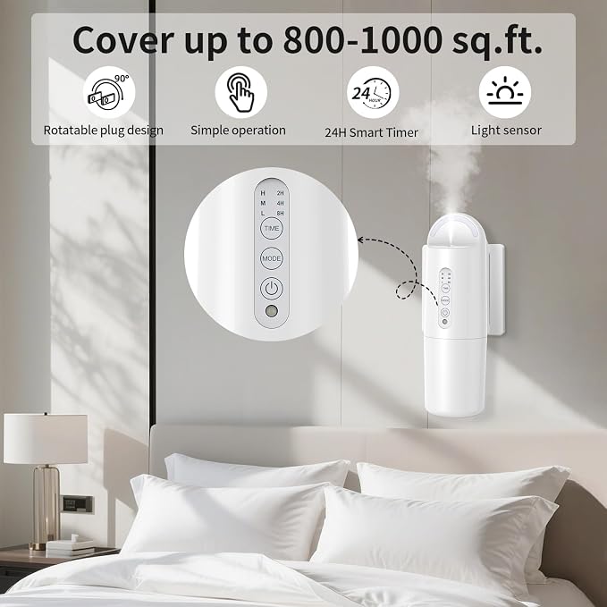 Plug in Waterless Essential Oil Diffuser, Elegant Waterless Scent Diffuser Starter Kit with 24H Smart Timer & Light Sensor, Cover Up to 500 Sq. Ft., Aromatherapy Diffusers for Home, Office, 100ML