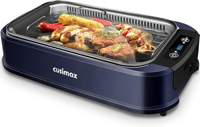 Indoor Grill CUSIMAX Electric Smokeless Grill Portable Korean BBQ, Blue | with Turbo Smoke Extractor Technology, Adjustable Temperature, Non-stick Removable Plate, Tempered Glass Lid, Great for Party