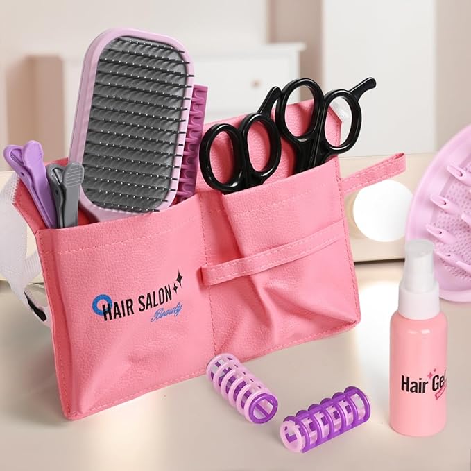 Madzee Girls Beauty Hair Salon Toys for Girls, Pretend Play Hair Stylist Toy Kit with Hairdryer, Pretend Play Hair Styling Toy Playset, Pink