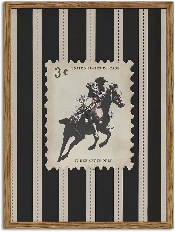Vintage Western Cowboy Wall Art Black and White Striped Cowboy Riding Horse Wall Decor Paintings Mid Century Rodeo Southwestern Poster Canvas Print for Bedroom Living Room 16x24 inch Wood Framed