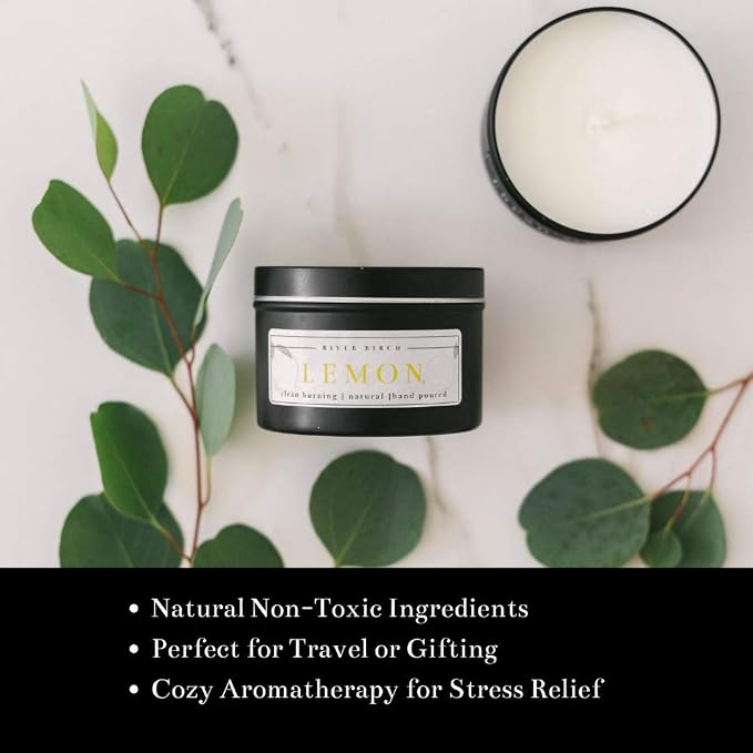 River Birch Candles Lemon Scented Candle | Premium, All-Natural, Non-Toxic, Soy Candles | 8 oz. Black Matte Tin Travel Candle | Cozy Relaxing Gifts for Home