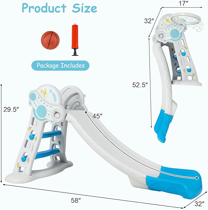INFANS Toddler Slide, 3 in 1 Foldable Kids Slide Indoor Slideway with Basketball Hoop, Outdoor Climber Freestanding Playset, Extra Long Slipping Slope Sturdy Plastic Playground Toy