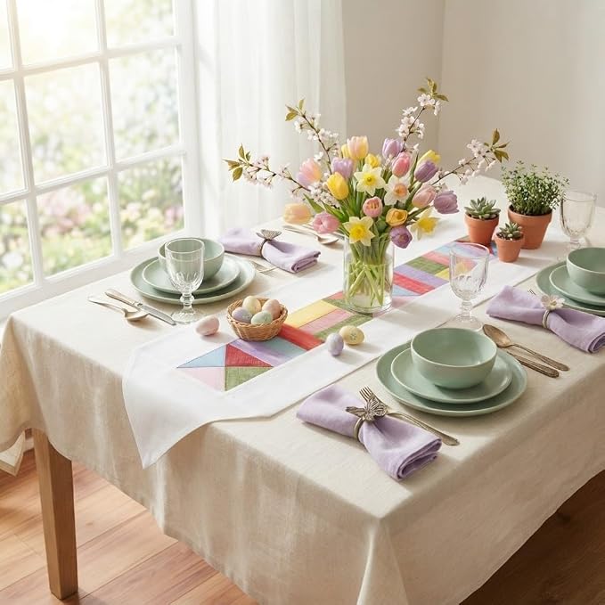 Korean Bojagi Table Runner, Ramie Patchwork Dining Decor, White, 79 x 12 in | Ramie Korean Table Runner with Bojagi Patchwork for 4-Seat Dining Tables