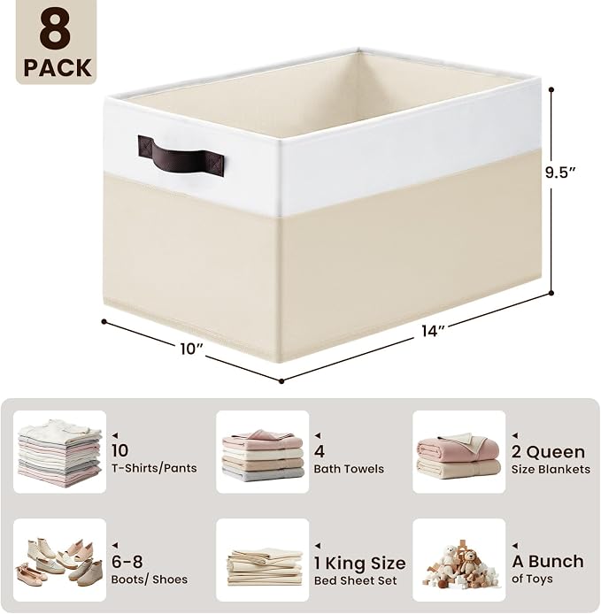 8 Pack Large Storage Basket, Fabric Blanket Basket Living Room, Toy Organizers and Storage with Handles for Kids, Laundry Basket for Clothes Towel, Yarn and Craft Storage Bins (14L*10W*9.5H)