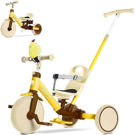 5-in-1 Toddler Tricycle for Ages 1.5–3, Parent Steering Push Trike, Tool-Free Convertible to Balance Bike, Safety Belt, Removable Backrest and Footrest, Ride-On Toy for Boys & Girls, Yellow