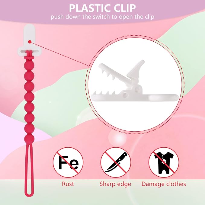 4-Pack Silicone Pacifier Clips with One-Piece Beads for Baby Boys and Girls - Flexible and Rust-Free Holders for Teething Relief and Baby Essentials, Safe for Newborns (Pink)