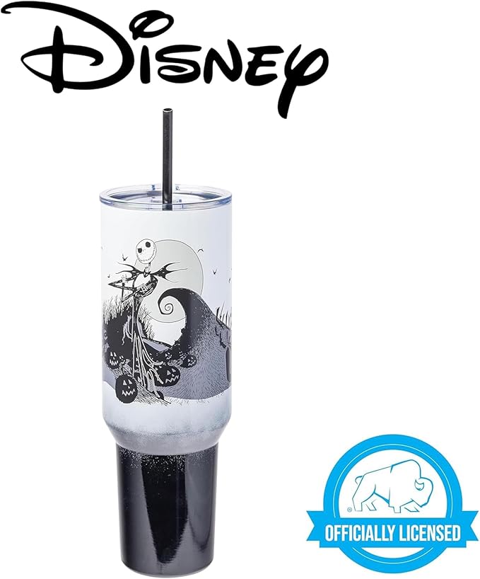 Silver Buffalo Disney Nightmare Before Christmas by Tim Burton Jack Skellington Hill and Moon Double Walled Stainless Steel Tumbler with Handle and Straw, Fits in Standard Cup Holder, 40 Ounces