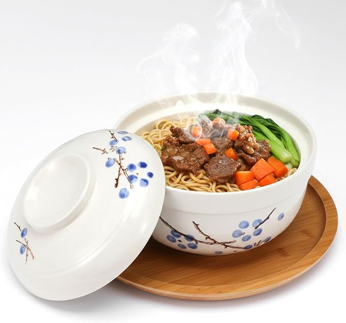 MAQUITA 2 Pack 27oz Ceramic Ramen Bowl with Lid Microwavable Japanese Korean Soup Bowl Clay Pot Dinnerware for Noodle Rice Porridge