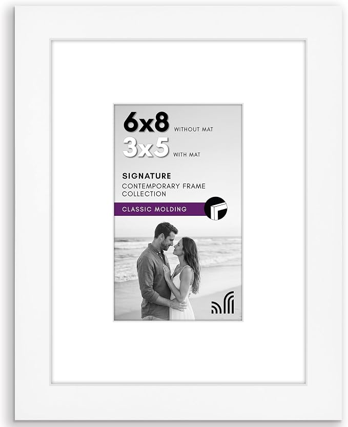 Americanflat 6x8 Picture Frame - Matted to 3x5 - Engineered Wood - White | Shatter-resistant glass, wall or tabletop display with included easel, sawtooth hangers included, use with or without mat