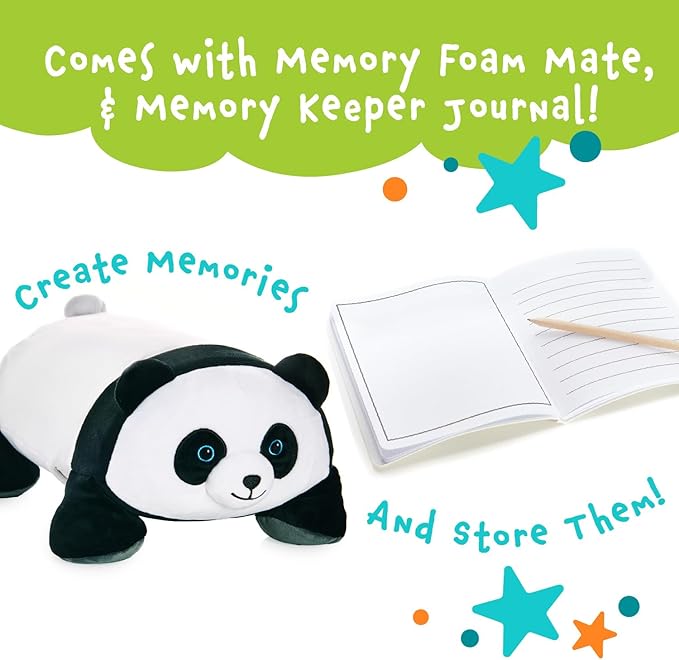 Cuddly Memory Foam Pillow Plush with Belly Pocket, Kids Pillow for Hugging Sleeping & Storing Diary, 15” Stuffed Animal & Journal Set - Booski The Panda