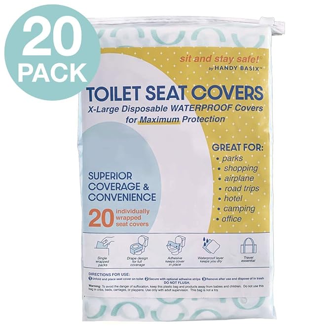 XL Full Coverage Disposable Toilet Seat Covers for Kids, Adults & Potty Training, Waterproof, 20 Pcs - Single Wrapped (Curves)