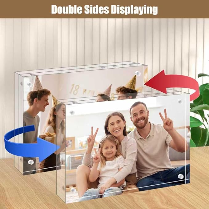 Egofine 3.5x5 Acrylic Frame 6 Pack, 20mm Thicker Frameless Clear Picture Frame, Double Sided Magnetic Picture Frame, Free Standing Desktop Display