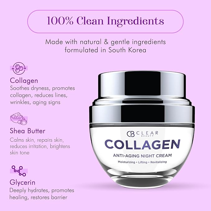 Clear Beauty Collagen Night Cream - Ultra Hydrating Face Moisturizer, Firms, Smooths & Restores Moisture - Dermatologist Tested, Anti Aging Korean Skin Care - Vegan, Clean Beauty - 1.69 Fl Oz