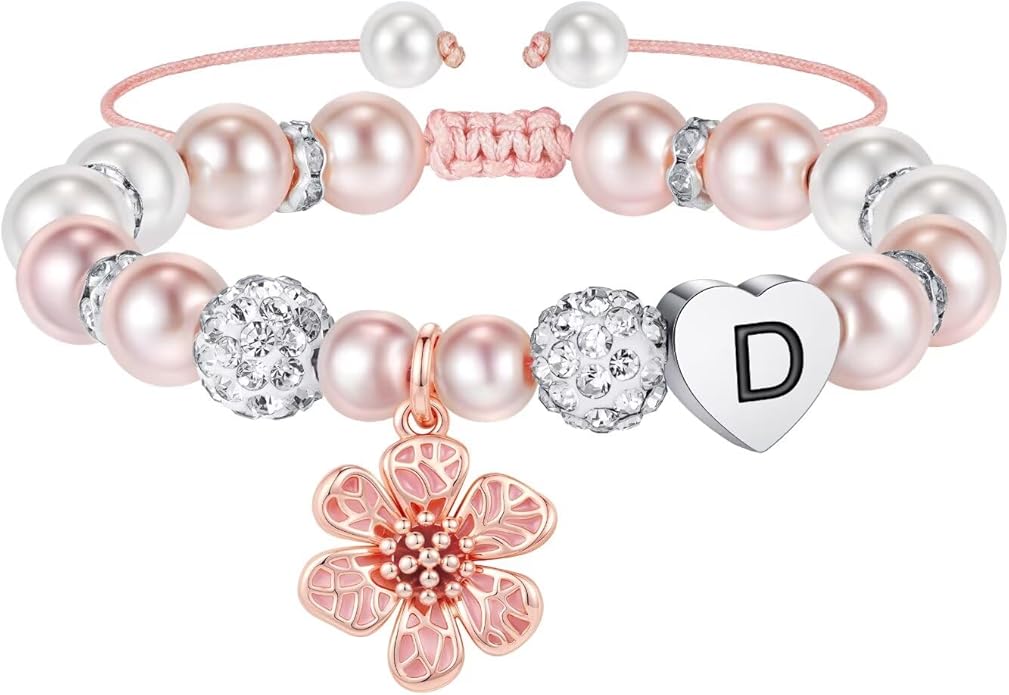 MONOOC Valentines Gifts for Kids Girls - Initial Flower Charm Bracelets for Girls, Adjustable Pearl and Rhinestone Beaded Bracelet Heart Initial Bracelets Jewelry for Flower Girl Gift Birthday Gifts