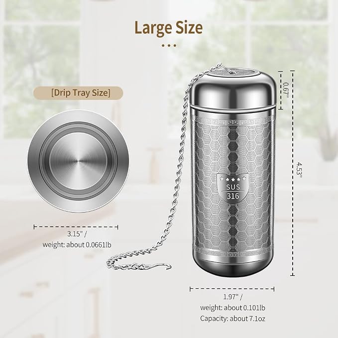 Tea Strainers for Loose Tea, Extra Fine Mesh Tea Infuser, 316 Stainless Steel & Updated Slim Threaded Lid, Loose Leaf Tea Steeper for Black Tea, Rooibos, etc (1 Pack - Large)