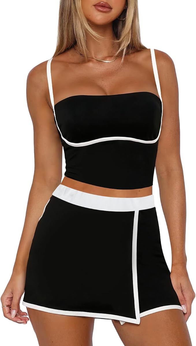 Tennis Skirt Sets Women 2 Piece Outfits Workout Sets Spaghetti Strap Tank Top and Skort Set Athletic Gym Yoga Outfits