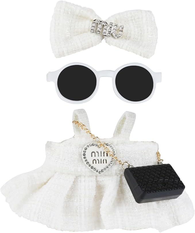Doll Clothes 17cm White Outfits for Dolls Elegant Black Dress Hair Clips Glasses and Bag Exquisite Clothes Accessories Compatible with Doll (Style 4)