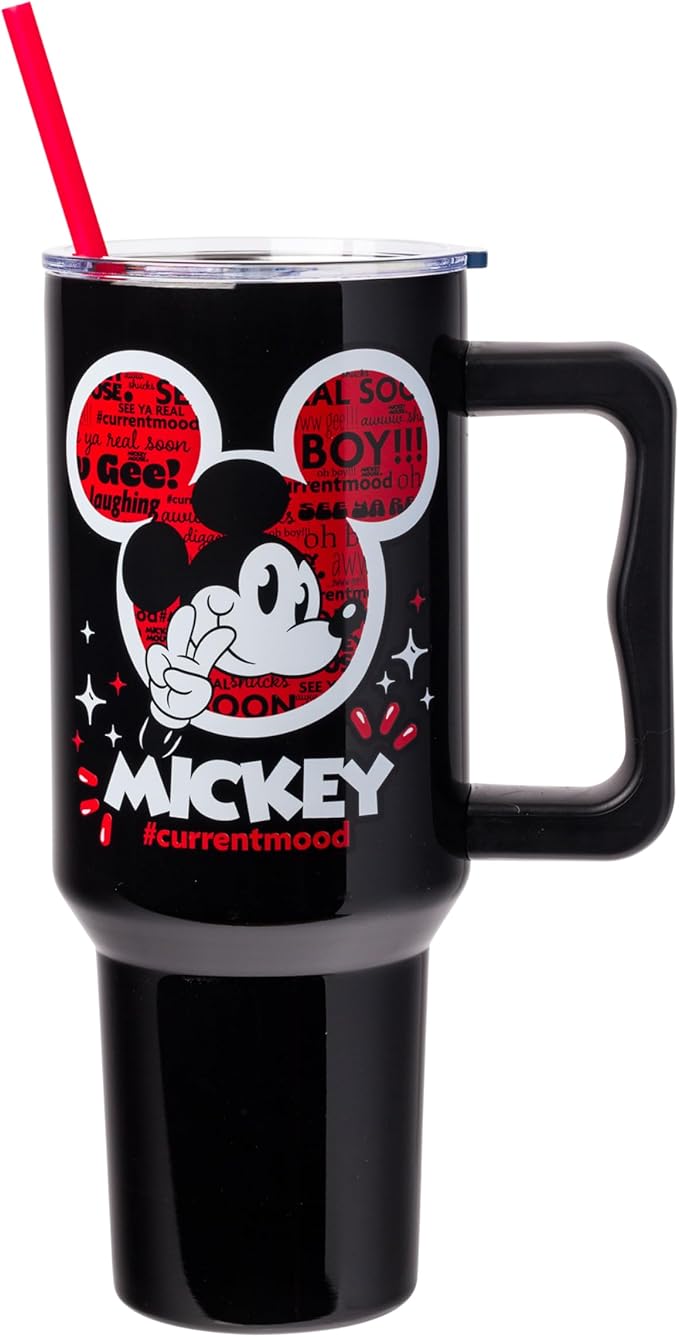 Silver Buffalo Disney Classic Mickey Mouse Hashtag Current Mood “#currentmood” Stainless Steel Tumbler with Handle and Straw, Fits in Standard Cup Holder, 40 Ounces (Pack of 12)