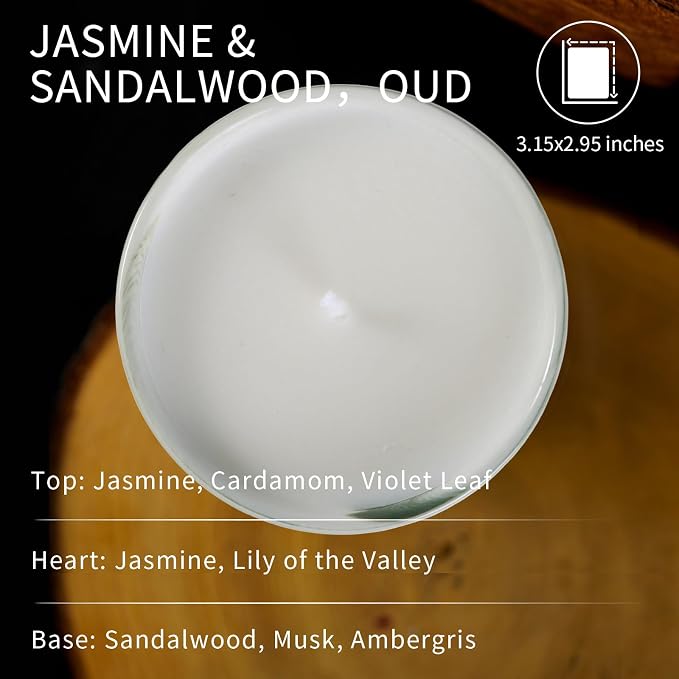 Luxury Marble Jar Scented Candle | Women Men | Non Toxic 100% Natural Coconut & Soy Wax Blend Cotton Wick | Hand Poured Highly Scented Long Lasting (Jasmine & Sandalwood, Oud, 7 Ounces)