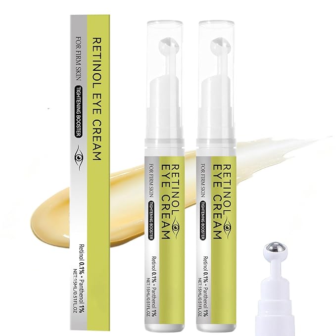 2 PCS Retinol Shot Tightening Booster with Massage Roller- Retinol Eye Cream with 1% Panthenol for Anti-Aging, Wrinkles & Fine Lines, Pore Minimizer, Firm Skin - For All Skin Type - 0.5 Fl. Oz