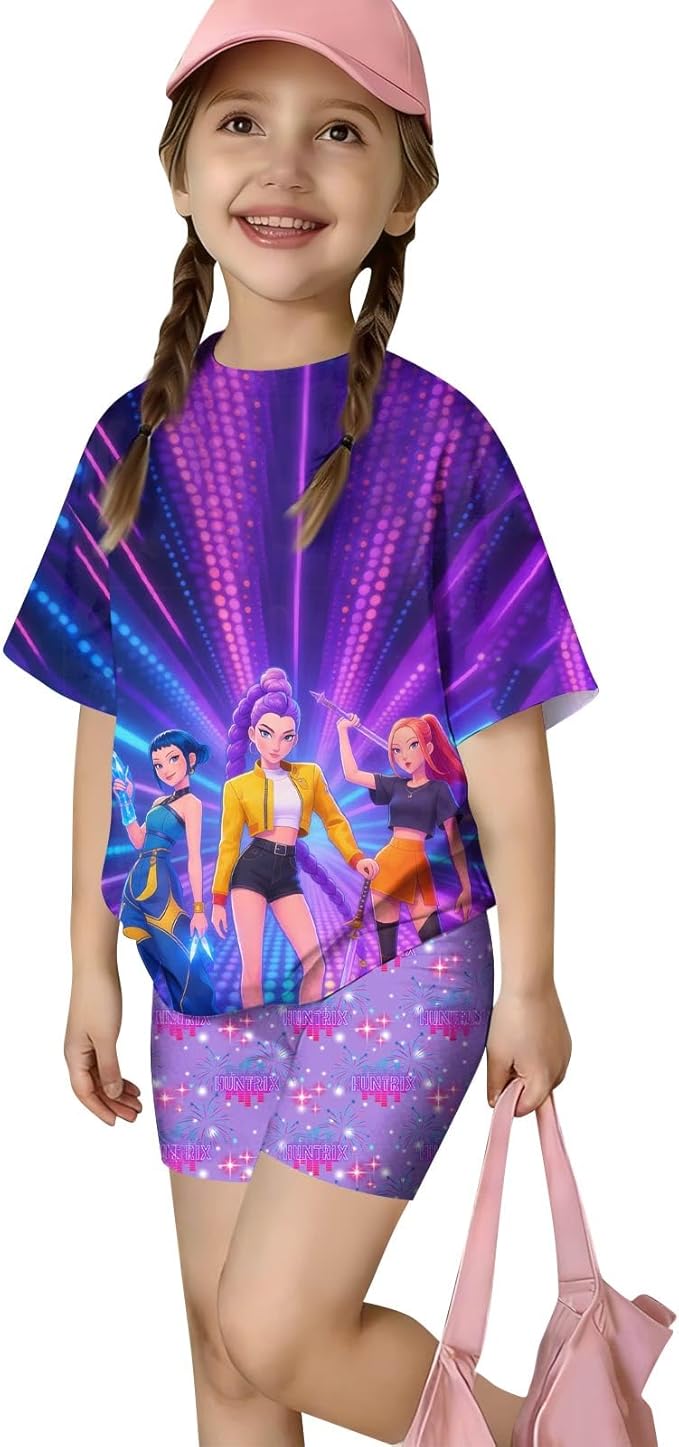 K-POP DEM0N Hunters Outfits for Girls, 2 Piece T-Shirts and Apparel Sets Birthday Gift