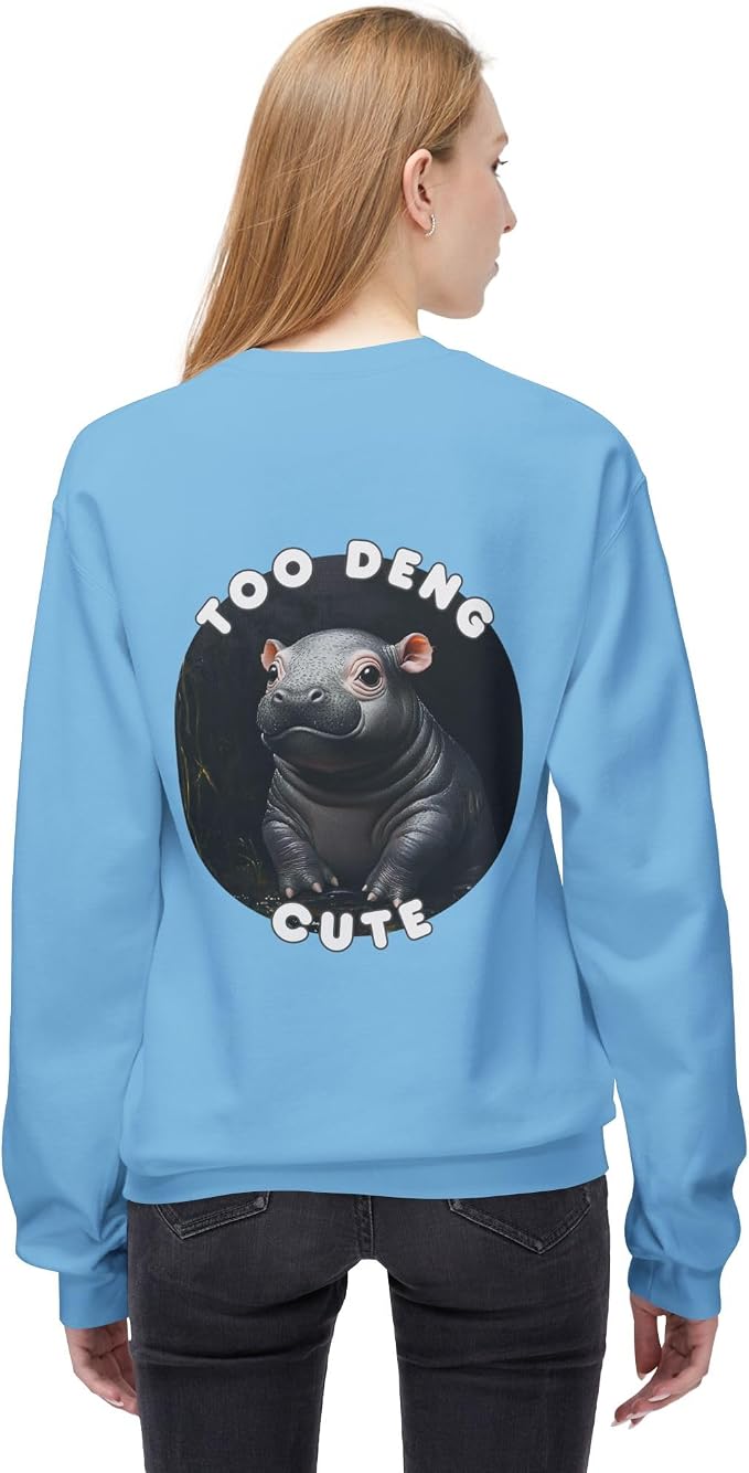 Unisex Fleece Crewneck Sweatshirt - Too Deng Cute Moo Deng Hippo, Cozy Cotton Blend, Classic Relaxed Fit