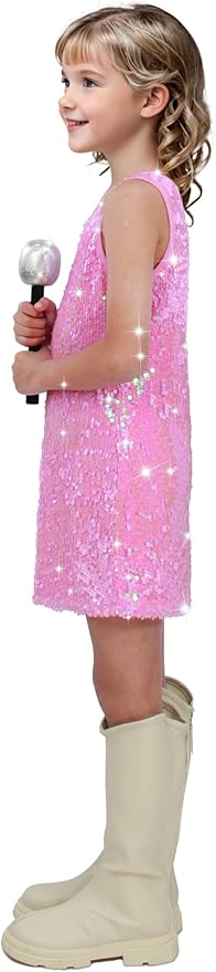 Girls Sequin Dress Sparkly Sleeveless Costume Prom Concert Party Outfit with Glitter Microphone Prop