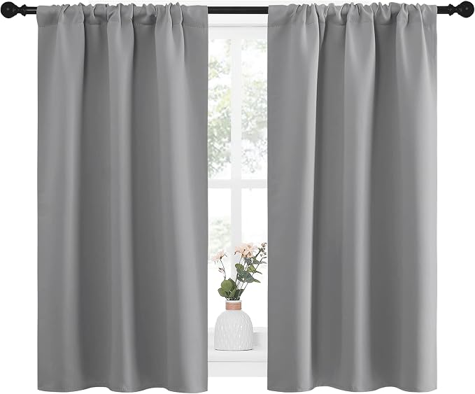 NICETOWN Short Room Darkening Curtains for Kitchen - Home Decoration Thermal Insulated Rod Pocket Blackout Blinds & Drapes for Small Windows (Silver Grey, 2 Panels, W34 x L45 -Inch)