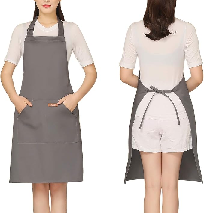 NEWGEM Adjustable Canvas Aprons for Women Men with 2 Pockets - Kitchen Cooking Chef Apron with Neck Strap, Stain Resistant Pinafore for Waitress Barista Restaurant Baking BBQ (Gray)