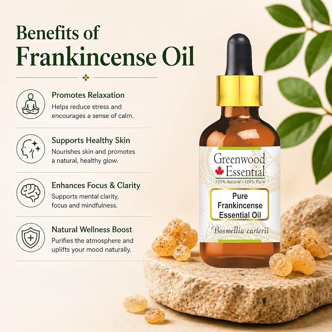 Greenwood Essential Frankincense Essential Oil (Boswellia carterii) with Glass Dropper Steam Distilled 50ml (1.69 oz)