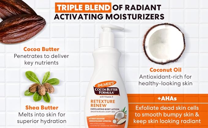 Palmer's Cocoa Butter Formula Retexture & Renew Exfoliating Body Lotion for Rough & Bumpy Skin, Triple Action Moisturizers + AHAs, Pump Bottle, 13.5 Ounce (Pack of 2)